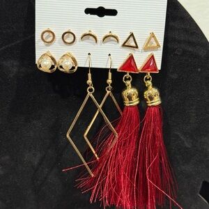 Gold-Tone Multi-Pair Earring Set with Red Tassel Drops